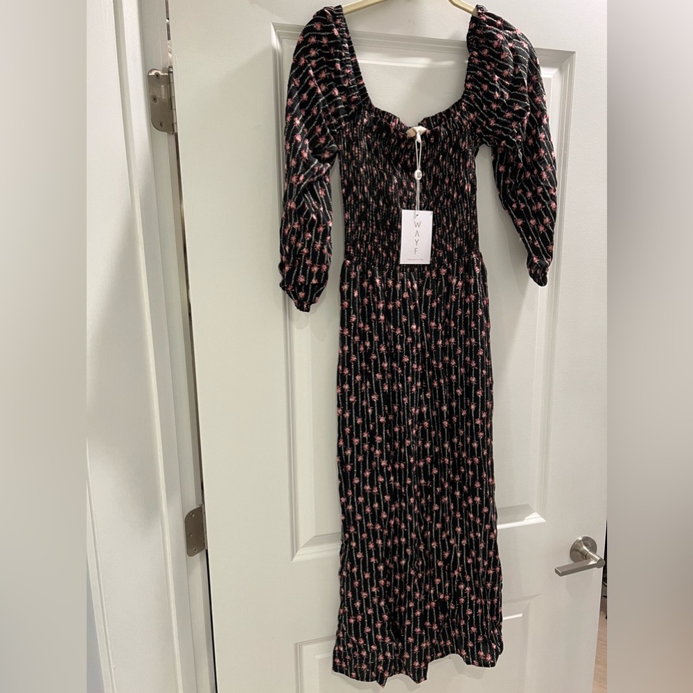 WAYF Nevaeh Smocked Puff Sleeve Midi Dress, Black Wallpaper Floral, Size Xs, NWT